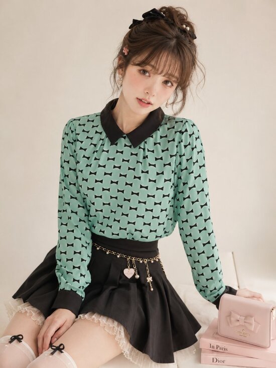 kate spade Tops - Kate Spade Mint Green Bow Print Collared Silk Blend Blouse Women’s Size 10